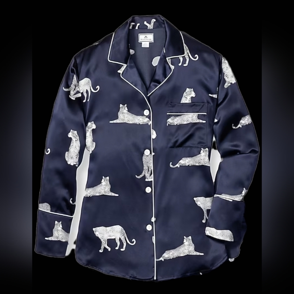 Navy Cat Print Satin Pajama Top